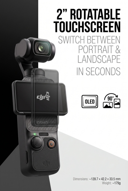 严格还原参考图中DJI Osmo Pocket 3产品细节，哑光黑机身颜色，保持DJI/OSMO品牌LOGO位置、文字内容，保留可旋转触控屏的所有细节，产品尺寸约139.7 × 42.2 × 33.5预览效果