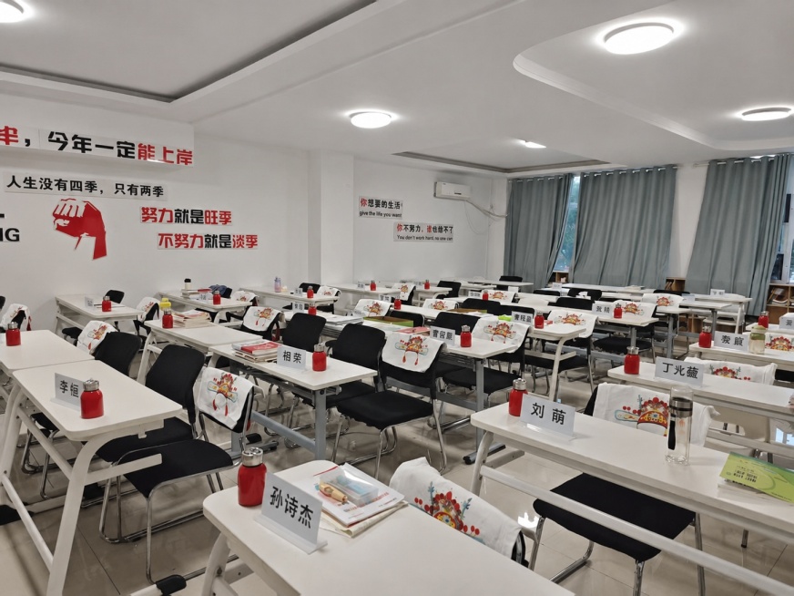 给这张教室图片里每个桌子上的空白立牌加上名字，从左到右、从前到后依次添加：孙诗杰、 刘萌、 李恒 、相荣 、谭钰盈 、丁兆薇、 刘琦、 曹容熙 、袁梓瑜、 张帅、 李颜宝、 魏晨，保持原教室场景和其他预览效果