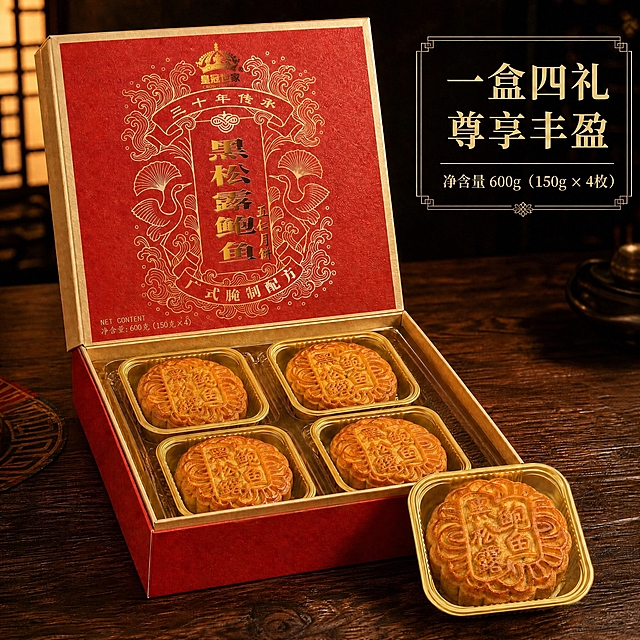 将图中两处净含量文字修改：1. 包装盒盖内侧左下角的“净含量：540克（135克×4）”改为“净含量：600克（150克×4）”；2. 右上角方框内的“净含量 540g（135g × 4枚）”改为“净含量 600g（150g × 4枚）”。两处文字的字体、颜色、大小、位置均保持完全一致，其他所有元素（包括月饼、包装盒、背景桌面、光影效果等）均保持不变，严格保留原图的所有细节和风格