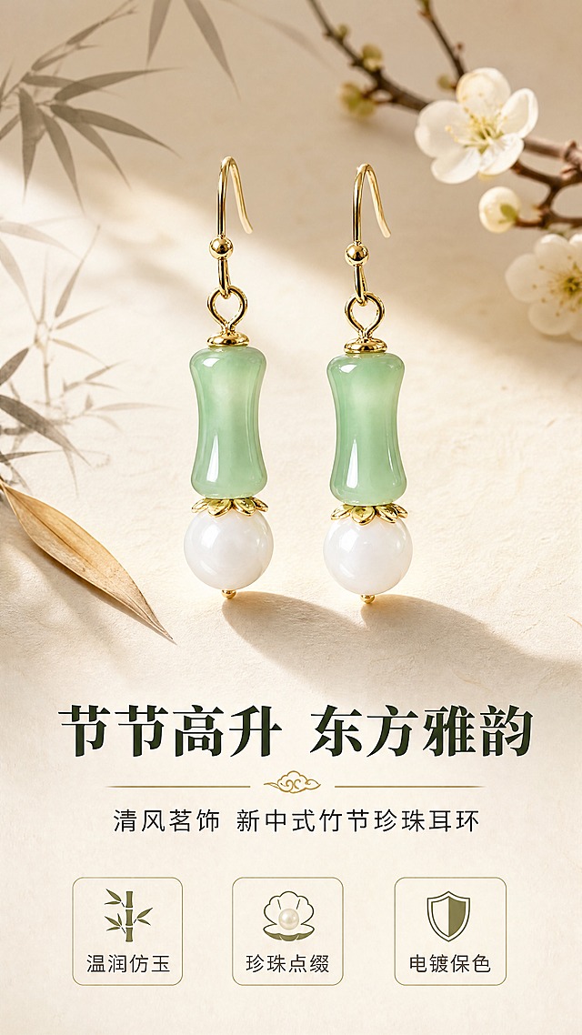[商品] 使用【图1】节节高升耳环；保留竹节形浅绿色仿玉珠、白色圆珠、金色耳钩的整体结构与颜色；重点修正：白色圆珠顶部的金色连接件为花瓣形花托/花片造型（带花瓣边缘的金色帽托，不是光面圆环），花托有清晰的花瓣轮廓，与实物一致；增强玉石温润光泽和金属电镀质感，不改变整体造型比例。
[画面] 目标：氛围头图，第一印象传递新中式温婉雅致气质。构图：居中偏上展示耳环一对，下方留白放文案；主体占画面约50%。场景：浅米色宣纸质感背景，点缀淡墨竹影、一片干枯竹叶和一小枝白色腊梅，前中后三层景深；柔和侧光打在耳环上，玉石通透、金属泛暖金光，花托花瓣细节清晰。
[视觉] 套系策略：风格=新中式国风轻奢商业摄影；标题字=宋体衬线粗体；正文字=简洁无衬线体；主色=浅豆绿+米白+暖金；背景延展=基于米白宣纸做深浅晕染、同色渐变和细腻纸纹质感；强调色=暖金色，仅用于小面积图标、引线和标签；标题色=深墨绿；正文色=暖灰褐；组件=细线分隔、圆角浅底信息卡、竹叶小图标；光影=左前侧暖柔光，背景柔和漫射。
[文字] 画面下方留白区域横排排版：主标题"节节高升 东方雅韵"，副标题"清风茗饰 新中式竹节珍珠耳环"，下方3个短卖点「温润仿玉」「珍珠点缀」「电镀保色」，文字不遮挡耳环主体。
[规格] 图片比例9:16竖版，4K，花托花瓣造型清晰准确，避免变形、错字、文字过小、冷蓝背景、耳环颜色改变、结构失真。