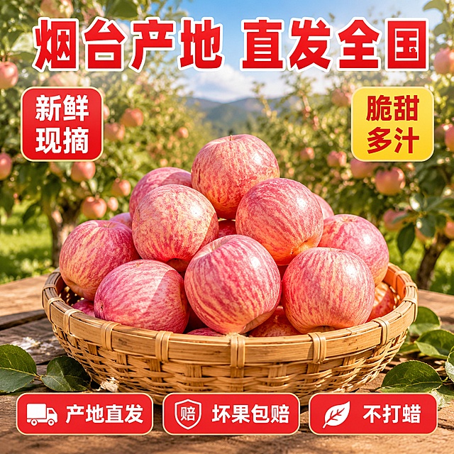 [主图-3] 拼多多主图-红富士苹果果园产地直发主图。本图使用输入产品图中的苹果作为参考。
[氛围风格] 果园产地风光，暖金色阳光，自然真实感，拼多多接地气风格，商业摄影质感。
[画质] 高清商业摄影质感，果园场景真实，苹果清晰饱满。
[元素] 画面展示苹果园场景：前景木桌上放着一竹篮饱满的红富士苹果（粉红条纹清晰、表面有光泽），旁边有几片绿叶。背景是成排的苹果树，挂满红苹果，阳光透过树叶洒下光斑，远处有山丘和蓝天。竹篮苹果占画面约55%，位于画面下方居中。保持苹果外观与输入图一致。
[光影] 暖金色阳光从侧上方照射，苹果表面有自然高光，草地有斑驳光影，整体明亮温暖。
[配色] 主色苹果粉红+果园绿；辅色暖金阳光、竹篮黄、天空蓝。
[视角构图] 45度俯视，竹篮苹果为视觉中心，背景果园虚化，层次分明。
[文字版式] 顶部大标题：「烟台产地 直发全国」，超大号粗黑体，大红色带白边，居中。左侧红色圆角标签：「新鲜现摘」，白字。右侧黄色圆角标签：「脆甜多汁」，红字。底部三个卖点图标横向排列：「产地直发」「坏果包赔」「不打蜡」，白字红底圆角。文字不遮挡苹果主体。
[输出要求] 1:1比例，文字清晰，超高清。
[负向提示词] 变形，文字错乱，模糊，水印，电商平台Logo。