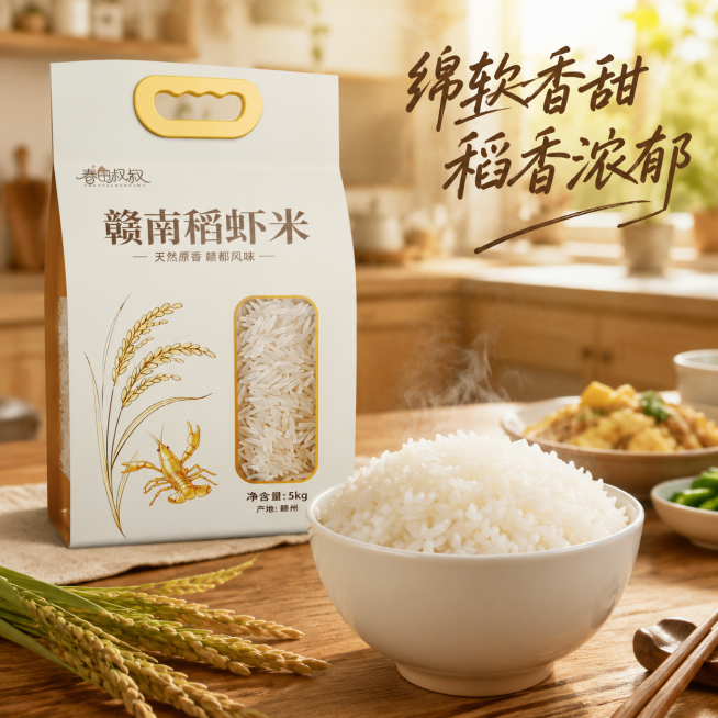 [主图-4] 赣南稻虾米场景展示图，展示煮熟后的真实米饭效果，农业自然风。氛围风格：温馨家庭餐桌场景，激发食欲和购买欲。画质：商业摄影质感，光线柔和通透，画质高清细腻。元素：稻虾米包装袋放置在餐桌一侧预览效果