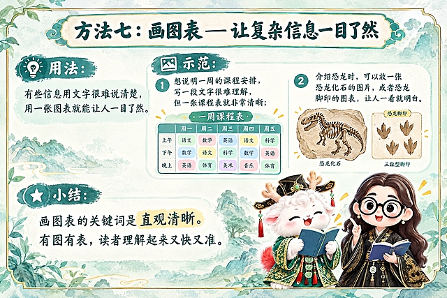 横版6寸比例的知识卡片设计，标题为"方法七：画图表——让复杂信息一目了然"，内容分三部分：用法：有些信息用文字很难说清楚，用一张图表就能让人一目了然。示范：想说明一周的课程安排，写一段文字很难理解，但一张课程表就非常清晰；介绍恐龙时，可以放一张恐龙化石的图片，或者恐龙脚印的图表，让人一看就明白。小结：画图表的关键词是直观清晰。有图有表，读者理解起来又快又准。右下角放置两个Q版国风IP形象：一个是捧着书本大声朗读的白色毛绒瑞兽（穿绿色汉服戴官帽），另一个是戴黑框眼镜、穿黑色金龙纹汉服的卡通女孩，整体风格清新雅致，青绿色水彩风背景，与费曼复述卡系列风格统一，排版清晰有层次，适合打印