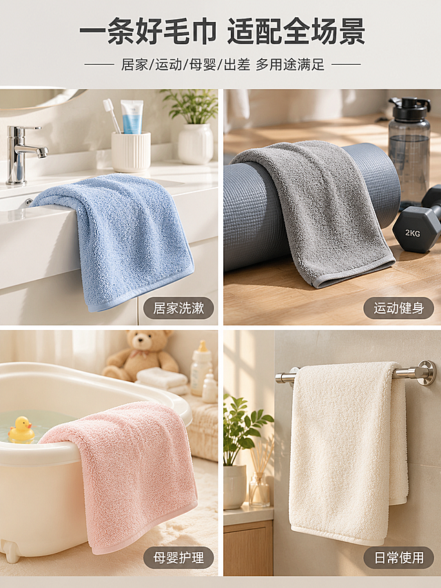 [商品] 使用【图1】珊瑚绒素色平毛毛巾；保留毛巾的珊瑚绒平毛材质、素色设计、包边工艺、多色款式；商品处理：增强绒毛纹理，让毛巾在各场景中自然呈现使用状态，不改变颜色和材质。
[画面] 页面目标：场景种草，展示毛巾在日常生活中的多场景应用，激发购买欲。构图：田字格四宫格拼图，2行2列，每格一个独立场景，格间有细白边分隔。主体位置：每格中毛巾自然融入场景。左上格：浴室洗漱场景，白色洗手台上搭着一条浅蓝色毛巾，旁边有牙杯和洗面奶；右上格：运动健身场景，灰色毛巾搭在瑜伽垫上，旁边有运动水杯和哑铃一角；左下格：母婴护理场景，粉色毛巾轻柔地搭在婴儿浴盆边缘，氛围温馨柔和；右下格：居家日常场景，米白色毛巾挂在卫生间毛巾架上，背景有绿植和温暖灯光。每个场景都有真实的使用感，毛巾自然垂坠或折叠。
[视觉] 套系策略：风格=温馨居家高级商业摄影；标题字=现代无衬线粗黑体；正文字=简洁无衬线体；主色=暖灰+奶油白；背景延展=基于暖灰做深浅层级、同色渐变；强调色=酒红色，仅用于小面积标签；标题色=深炭灰；正文色=中暖灰；组件=圆角半透明标签、细线分隔；光影=每个场景独立暖柔光，整体色调统一。
[文字] 顶部居中主标题"一条好毛巾 适配全场景"，副标题"居家/运动/母婴/出差 多用途满足"。四宫格每格右下角有半透明圆角标签，分别写"居家洗漱"、"运动健身"、"母婴护理"、"日常使用"。文字清晰可读，不遮挡主体。
[规格] 图片比例3:4竖版，4K分辨率，避免变形、错字、文字过小、冷色调、毛巾材质失真、水印、平台Logo。