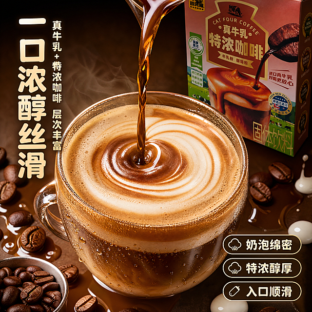 [第3屏] 口感质地特写-真牛乳特浓咖啡丝滑醇厚冲调瞬间。本屏使用【图1】作为产品包装盒辅助展示。
[氛围/风格] 浓郁咖啡食欲感，微距特写质感，暖棕色调，商业摄影级丝滑奶泡表现。
[元素布局] 画面中央为一杯冲调好的特浓咖啡，奶泡拉花清晰，咖啡液正从上方缓缓注入形成漩涡，占屏约50%；咖啡杯周围散落咖啡豆、牛奶点滴、棕色糖浆流淌；右上角露出产品包装盒一角作为品牌识别；产品包装盒外观与输入图一致。
[光影质感] 侧上方暖光打亮奶泡纹理，咖啡液有高光反射，杯壁挂有细密水珠，整体浓郁有层次。
[配色色系] 全局底色 #8B5A2B 深咖啡棕渐变；主色奶泡米白 #FFF8DC、咖啡深棕；辅助色金色高光。
[视角构图] 微俯视特写，咖啡杯为视觉中心，四周原料点缀，阅读动线中心向四周扩散。
[文字版式] 左上角竖排主标题「一口浓醇丝滑」，副标题「真牛乳+特浓咖啡 层次丰富」；右下侧三枚短句标签：「奶泡绵密」「特浓醇厚」「入口顺滑」；圆角黑体，字色奶白+浅金。
[比例分辨率] 1:1 方图比例，4K 分辨率，文字清晰可辨，高清画质。
[负向提示词] 包装盒变形，颜色偏差，水印，文字错乱，产品图模糊，背景杂乱。