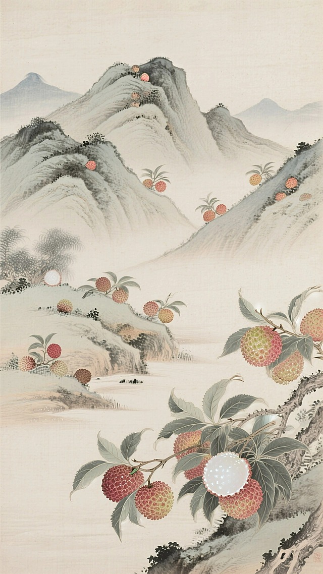素色背景，层次丰富的山有大小不一的荔枝