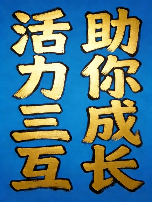 将字体修改为统一纯色亮金色，去除阴影和渐变效果，保持明亮质感，保留设计：纯蓝色背景，竖版双列排列，八个字"活力三互助你成长"，左列活力三互，右列助你成长，舒展字间距和列间距，黑色描边，纯色无渐变，黑板预览效果