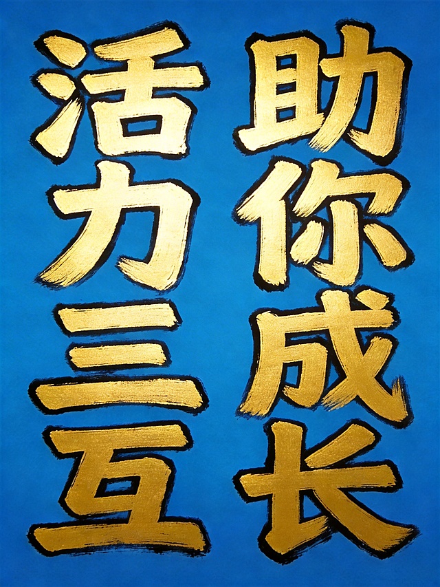 将字体修改为统一纯色亮金色，去除阴影和渐变效果，保持明亮质感，保留设计：纯蓝色背景，竖版双列排列，八个字"活力三互助你成长"，左列活力三互，右列助你成长，舒展字间距和列间距，黑色描边，纯色无渐变，黑板粉笔手绘风格，保留粗壮笔触，无印章装饰。