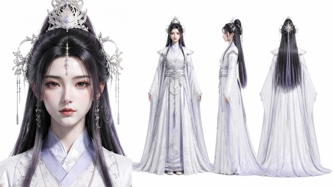 参考图片人物，画面左边是人物正面脸部特写，画面右边是人物三视图，包括正面、侧面、背面，保持人物原有特征和设计一致性，整体为3D风格，纯白背景预览效果
