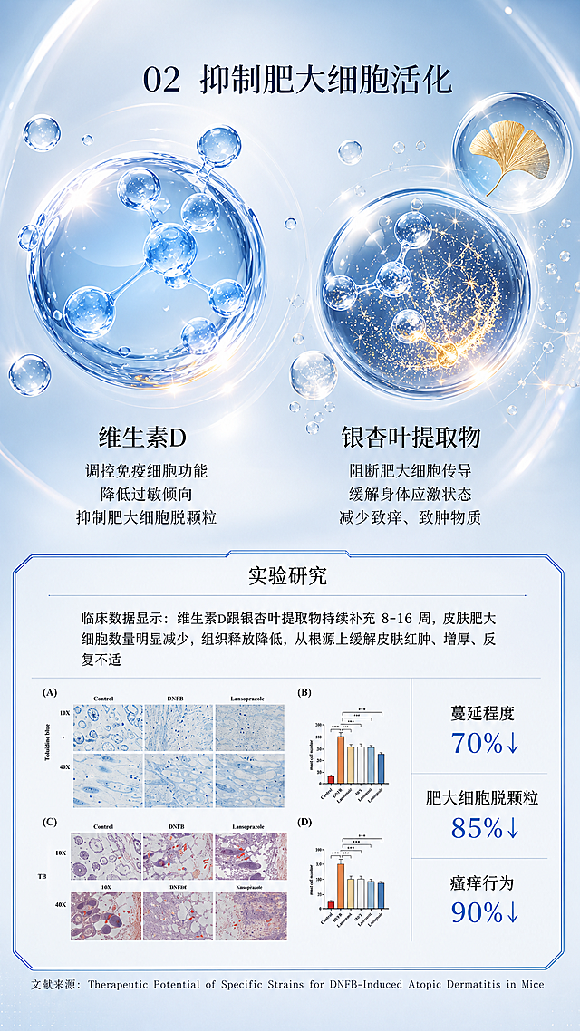 [成分功效页] 详情页成分功效展示页，标题为抑制肥大细胞活化，分别用分子表示维生素D和银杏叶提取物两种核心成分。
[氛围/风格] 清透高级科技感，采用【图3】的3D透明立体质感分子风格，蓝调通透玻璃质感，精致专业。
[元素布局] 画面上半部分左右分开展示：左侧放置一个大尺寸3D立体质感透明蓝色分子代表维生素D，右侧对应放置一个大尺寸3D立体质感透明蓝色分子代表银杏叶提取物，两个分子都保留【图3】的通透玻璃质感和金闪细节，做错落分布，不互相遮挡。分子下方对应排列各自成分卖点文字，完全保留【图1】原文：左侧维生素D"调控免疫细胞功能，降低过敏倾向，抑制肥大细胞脱颗粒"；右侧银杏叶提取物"阻断肥大细胞传导，缓解身体应激状态，减少致痒、致肿物质"。画面下半部分完整保留【图1】的实验研究板块，包含所有文字说明、组织切片图、柱状统计图和三项改善数据"蔓延程度70%↓、肥大细胞脱颗粒85%↓、瘙痒行为90%↓"。顶部居中放置主标题"02 抑制肥大细胞活化"。整体排版分区清晰，分子不遮挡任何文字内容。
[光影质感] 通透浅蓝光影，分子带有自然高光和通透玻璃反光，文字区域光线均匀柔和，数据文字清晰突出，整体干净明亮，质感高级，空间层次分明。
[配色色系] 全局银白偏蓝色浅渐变底色；分子：透明蓝色搭配浅金高光点缀；文字：深黑色主文案，深蓝色高亮数据；整体清爽干净，蓝色调统一和谐。
[视角构图] 9:16竖版构图，从上到下自然阅读动线：顶部标题→中上双分子成分→下部实验数据，构图均衡稳定，信息层级清晰。
[文字版式] 顶部主标题加粗居中；分子下方对应成分卖点，分左右两栏排版，字体大小适配移动端清晰可读；实验研究区域完整保留图表和数据，文字排版整齐不重叠，所有文字内容与原图完全一致。
[比例分辨率] 9:16竖版比例，2K分辨率，文字清晰可辨，超高清。
[负向提示词] 文字错乱，图表变形，数据缺失，分子遮挡文字，颜色偏差，背景杂乱，水印，模糊不清，分子质感不符，成分文字错位