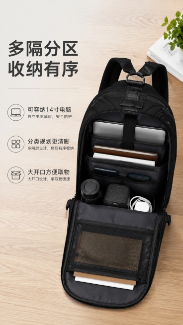 [第5屏] 容量收纳展示页，展示高端商务双肩背包内部大容量收纳功能。本屏使用【图2】作为主体参考
[标题版式] 主标题左侧通栏排列，右侧展示打开的背包内部，留白合理
[氛围/风格] 实用展示风，清晰干预览效果