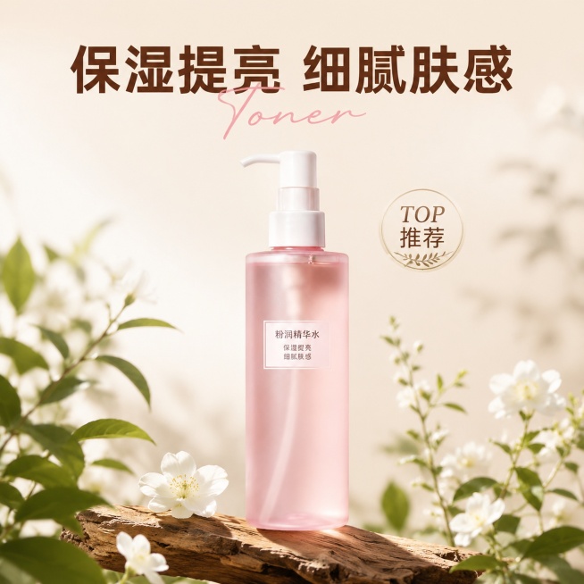 [主图-1] 粉润精华水产品首图，保湿提亮主打卖点展示。[氛围风格] 自然清新高级感，结合参考图自然植萃风格，干净通透高级美妆质感。[画质] 商业摄影质感，光线柔和通透，产品清晰真实，画面干净高级。[预览效果