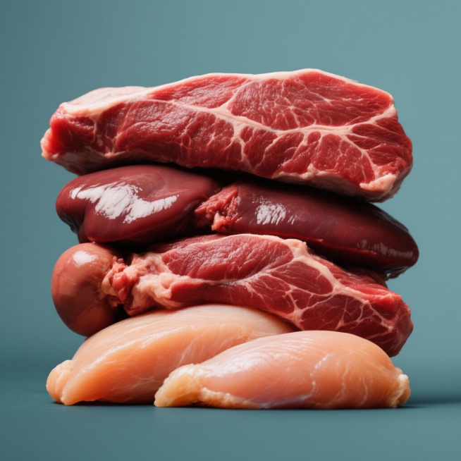 一张叠放规整排布的生鲜肉类产品摄影图片集合，均采用高清晰度、超写实主义风格，光线明亮柔和，展现食材的新鲜质感与细节纹理。第一层为鲜红色生牛肉，肉质鲜嫩，纹理清晰；第二层为深红色生牛肝，颜色分布均匀，色预览效果