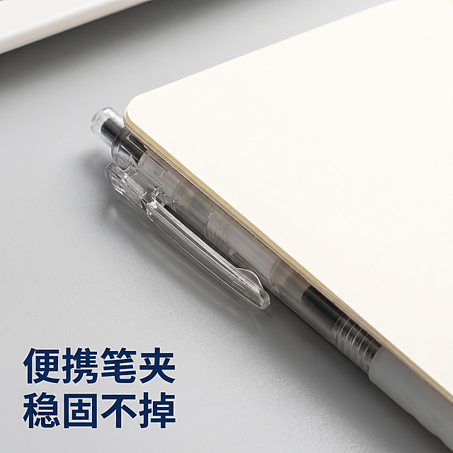 [主图-3] 便携笔夹细节展示
[氛围风格] 清新治愈文具风格，简约干净
[画质] 商业摄影质感，光线柔和通透，产品清晰真实，画面干净高级
[元素] 放大镜放大展示云握中性笔的便携笔夹细节，笔夹夹在薄笔记本边缘，整体产品放置在浅灰桌面，保持产品外观（物理结构、材质质感、颜色）与输入产品图绝对一致，杜绝任何变形和色差，精细化处理。商品主体占比严格控制在60%-80%之间，画面满屏无边框
[光影] 侧逆光突出笔夹轮廓和金属质感，阴影柔和不生硬
[配色] 主色调浅灰和银色，清新干净
[视角构图] 局部特写，对角线构图突出细节
[文字版式] 左下角标注"便携笔夹 稳固不掉"深蓝色文字，不遮挡主体细节，文字清晰
[比例分辨率] 1:1比例，2k分辨率，文字清晰可辨，超高清
[负向提示词] 变形，水印，文字错乱，产品图模糊，背景杂乱，文字遮挡主体