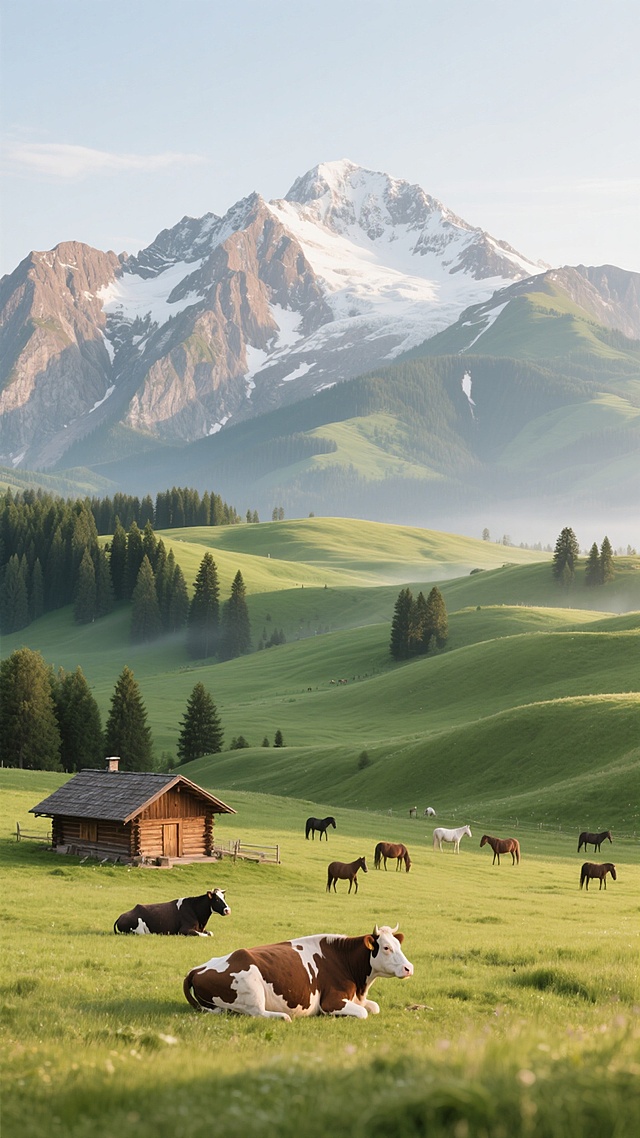 写实风格的牧场场景，清晨柔和的自然光洒在广阔起伏的绿色草甸上，远处巍峨的雪山峰顶覆盖着皑皑白雪，山体呈现出岩石的棕灰色纹理与绿色植被的过渡，几簇高大挺拔的墨绿色松树点缀在丘陵缓坡上，近处有一座棕色的木质小木屋，屋前几只奶牛悠闲地卧躺或漫步，一群马在开阔的草地上自由觅食，整体画面色彩清新自然，光影层次分明，营造出宁静祥和、充满生机的田园氛围。