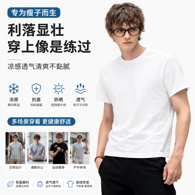 男士短袖T恤淘宝主图，商品卖点：专为瘦子而生，利落显壮，穿上像是练过，凉感透气清爽不黏腻，具备凉感抗菌防晒功能，多场景穿着更健康舒适。风格为干净简洁风，整体干净简洁，白底展示商品，突出T恤款式，文字清预览效果