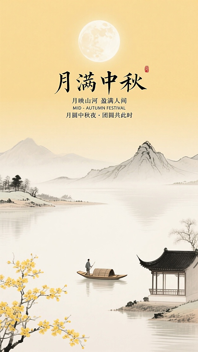 超写实背景图，艺术字标题“月满中秋”，小字“月映山河 盈满人间“、“MID - AUTUMN FESTIVAL”、“月圆中秋夜・团圆共此时” 文字，天空中明亮的圆月，下方是山水景色，有连绵的山峦、平静的湖水，湖面上有一叶扁舟，船上有一人。湖边有中式楼阁，还有开着黄色花朵的树木，暖黄色为底色