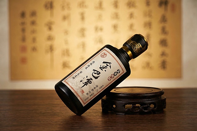 中国风产品摄影，金巴潭五年陈酿白酒瓶倾斜45度放置在深色中式木质底座上，底座置于深棕色木纹桌面，保持瓶身和原有包装设计、文字、Logo原样不变，保持产品主体物理结构不扭曲。背景是模糊的金色书法宣纸，暖色调柔光，东方禅意氛围感，新中式风格，8K高清，商业产品主图，侧俯视角构图，细节清晰，质感高级，使用轮廓光突出黑色瓶身立体感，整体暖调柔和，浅景深背景虚化，无水印。