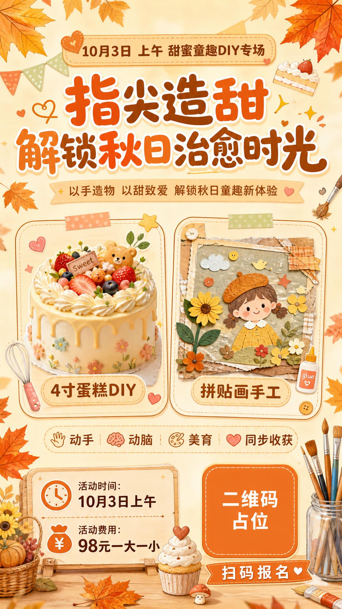 秋日亲子手工活动宣传海报，竖版9:16，温馨治愈风格，暖橙米黄… - 图片创意预览