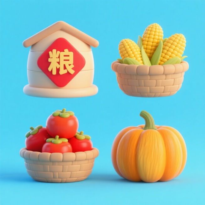 4个中秋素材组合，可爱电商促销感。素材包括：第一个粮仓（贴着带有 “粮” 字的红色菱形福字）；第二个一筐玉米；第三个一筐柿子；第四个南瓜。画面整体呈现鲜艳效果，淡蓝色背景。上下两行，排列整齐预览效果