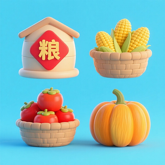 4个中秋素材组合，可爱电商促销感。素材包括：第一个粮仓（贴着带有 “粮” 字的红色菱形福字）；第二个一筐玉米；第三个一筐柿子；第四个南瓜。画面整体呈现鲜艳效果，淡蓝色背景。上下两行，排列整齐