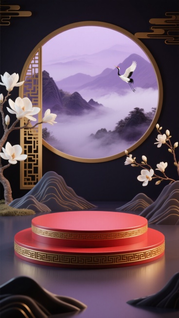 中国风3D渲染展台场景，画面中央设有圆形展台，展台为红色双层结构，底层带有金色回纹装饰，顶部为光滑红色平面，展台周围环绕着层叠起伏的山峦造型，左侧有白玉兰树与金色镂空窗格装饰，右侧点缀玉兰花枝，背景是云雾缭绕的远山与飞翔的仙鹤，整体采用深紫色、金色与墨黑色的配色方案，营造典雅庄重的氛围，光线柔和，阴影细腻，具有明显的层次感与空间感，中国传统元素与现代3D设计风格相结合。预览效果