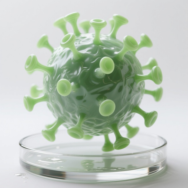 一个高度写实的3D渲染病毒模型，主体呈现为半透明的浅绿色，表面布满细腻的纹理和凹凸不平的褶皱结构，多个形似棒状的蛋白突起从球体表面向外伸出，突起顶端为较亮的绿色并带有圆润的弧度，整体悬浮在一个透明的圆形培养皿中，培养皿边缘清晰可见，底部有细微的反光和水渍效果，光线从顶部照射下来，在病毒表面形成明显的高光和柔和的阴影，营造出科学、严谨且略带神秘感的氛围，背景为纯白色，突出主体的细节和立体感。预览效果