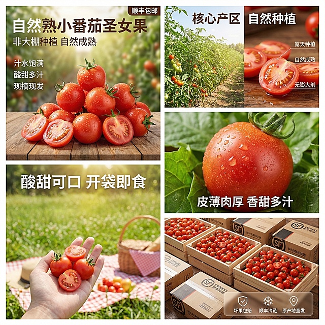 生成5张1:1比例2K分辨率的淘宝圣女果主图，全套风格为自然原生态，自然暖阳逆光，突出新鲜食欲感。
1. 主图1（首图）：带水珠的新鲜圣女果放在原木桌面，旁边有切开的多汁果肉，背景是模糊果园绿植。左上角文字：主标题“自然熟小番茄圣女果”，副标题“非大棚种植 自然成熟”，右上角“顺丰包邮”标签，左下角卖点“汁水饱满”“酸甜多汁”“现摘现发”，文字为白色无衬线粗体，不遮挡主体。
2. 主图2（卖点溯源）：左侧是圣女果果园实景，右侧是切开的圣女果特写，用细引线标注“露天种植”“自然成熟”“无膨大剂”，顶部文字“核心产区 自然种植”。
3. 主图3（细节特写）：微距特写圣女果果皮纹理和果霜，背景是绿叶，底部文字“皮薄肉厚 香甜多汁”。
4. 主图4（食用场景）：第一人称视角手拿圣女果，背景是户外草地野餐场景，左上角文字“酸甜可口 开袋即食”。
5. 主图5（服务承诺）：整齐摆放的圣女果和快递包装，底部半透明悬浮条展示“坏果包赔”“顺丰冷链”“原产地直发”服务图标，所有产品外观和参考图一致。