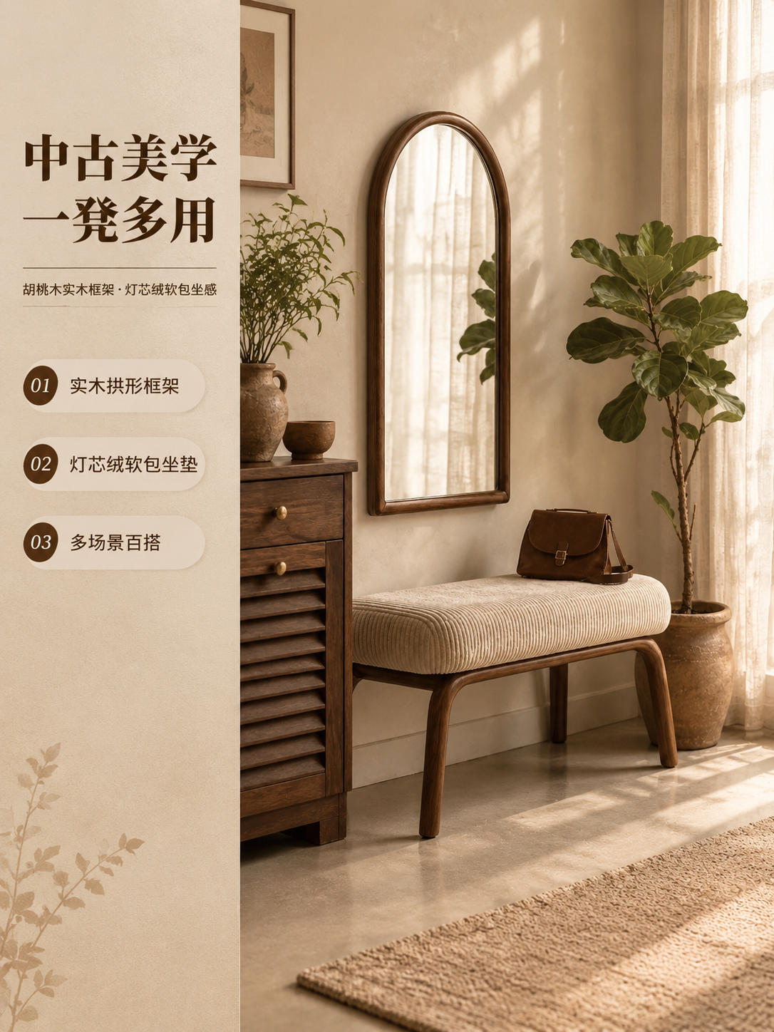 [商品] 使用【图1】中古风实木软包换鞋凳；保留胡桃木色实木拱… - 图片创意预览