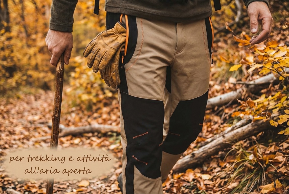 随性型意大利男士走在秋日山间步道，身着per trekking e attività all'aria aperta，滑雪裤的con tasche（口袋）露出登山手套；背景是落叶+登山杖，色调暖棕质朴预览效果