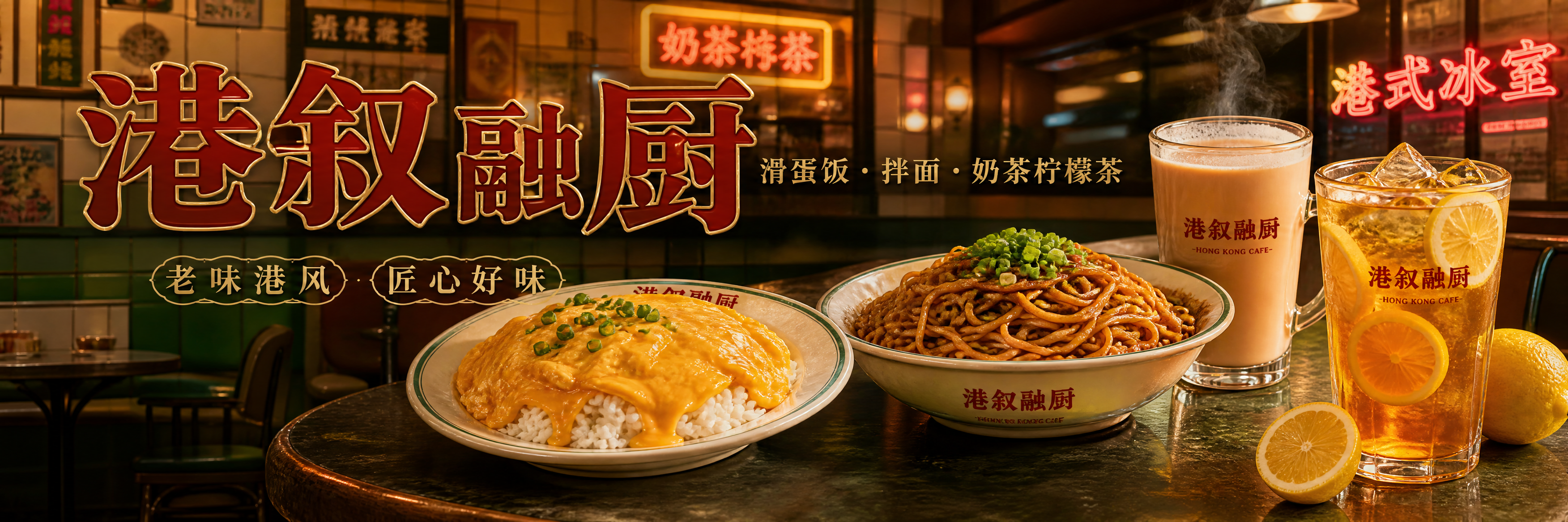 港式茶餐厅超宽幅横版海报，横幅构图。画面主体是复古港式茶餐厅冰… - 图片创意预览