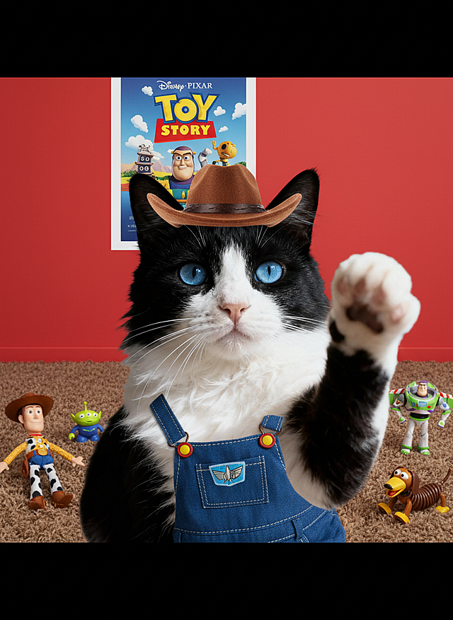 把背景改成红色 墙上贴着玩具总动员海报 地毯要棕色 旁边有玩具总动玩的玩具 小猫头上带着胡迪的帽子 做出可爱的表情看着镜头身上衣服可以改变 表情可爱