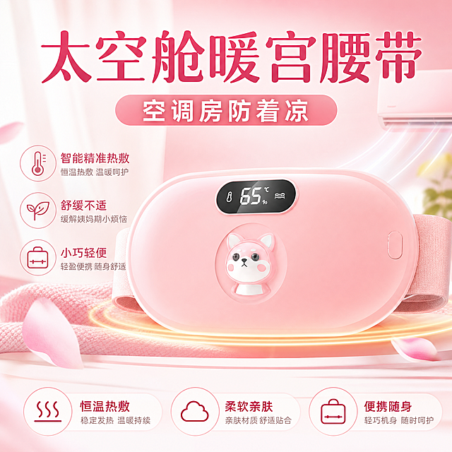 淘宝电商主图，商品为单太空舱暖宫腰带，卖点是空调房防着凉，智能精准热敷，舒缓不适，小巧轻便，粉色清新风格，展示产品卖点