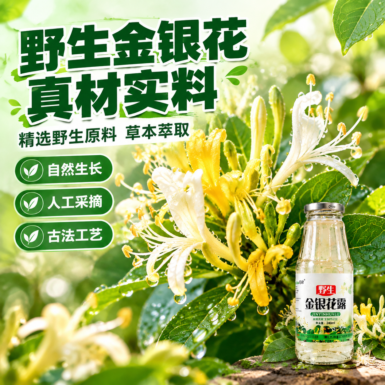 [主图-2] 原料溯源信任图，核心任务：展示野生金银花真材实料… - 图片创意预览