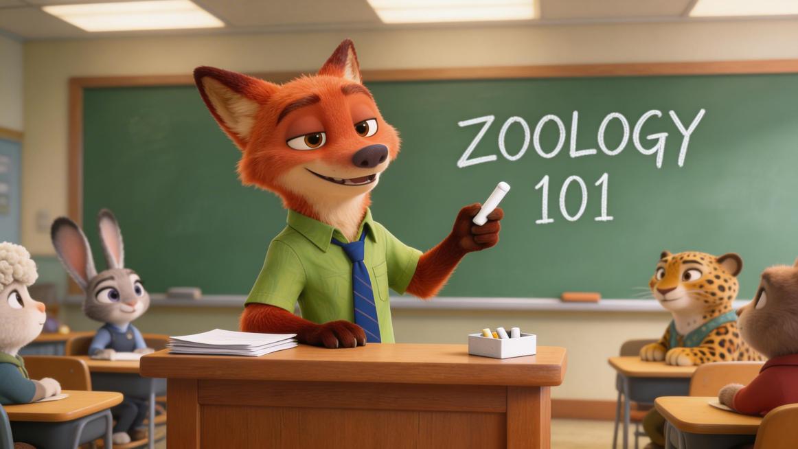 疯狂动物城的尼克正在讲课，保留原版人物形象，尼克是拟人化狐狸形象，在教室讲台前讲课，画面清晰，风格和疯狂动物城原版一致预览效果