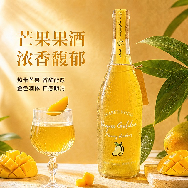 [主图-8] SHARED NOTES芒果风味果酒首图，突出芒果浓郁果香与金色酒体质感，传递热带风情与微醺甜美的核心卖点。
[统一基调] 国内电商食品酒类风格，高清商业摄影质感，暖金明亮色调，自然柔光，画面高级有质感。
[画面] 产品瓶身居中偏右，占画面约65%，瓶身完整不切割，保持原图透明玻璃瓶、软木塞封口、黄色吊牌、"SHARED NOTES"品牌名、"Vague Golden Moving shadows"英文、芒果图案、金黄色酒体、净含量750mL的外观特征。瓶身周围点缀新鲜芒果切片、芒果块与芒果叶，背景为暖金色简约轻奢场景，有柔和暖光从左侧洒入，瓶身有细腻光泽与冷凝水珠，体现冰镇感。左下角放置一只盛有金黄色酒液的高脚杯，杯中酒液呈明亮金黄色，杯口装饰芒果片。
[光影质感] 自然暖调侧逆光，突出玻璃材质通透感与芒果酒的金黄色泽，瓶底有柔和接触阴影，整体光影温暖高级，商业摄影级高清质感。
[配色] 主色调：暖金色背景、金黄色酒体、白色文字；点缀色：芒果橙黄、叶子翠绿；文字色：芒果金主标题、深棕辅助文。
[文字版式] 品牌名"SHARED NOTES"自然保留在瓶身。左侧中部主标题："芒果果酒 浓香馥郁"，粗衬线体大字，芒果金黄色。主标题下方小字两行："热带芒果 香甜醇厚""金色酒体 口感顺滑"，细黑体，深棕色，字号约为主标题的40%。文字均放在左侧负空间，不遮挡瓶身主体。
[输出要求] 比例1:1，2K高清，产品清晰不变形，文字清晰可读，画面高级有热带果香氛围感。禁止出现：正品保证、破碎包赔、绝对化用词、饮酒动作、人物面部、平台logo、水印、模糊、变形、错字。