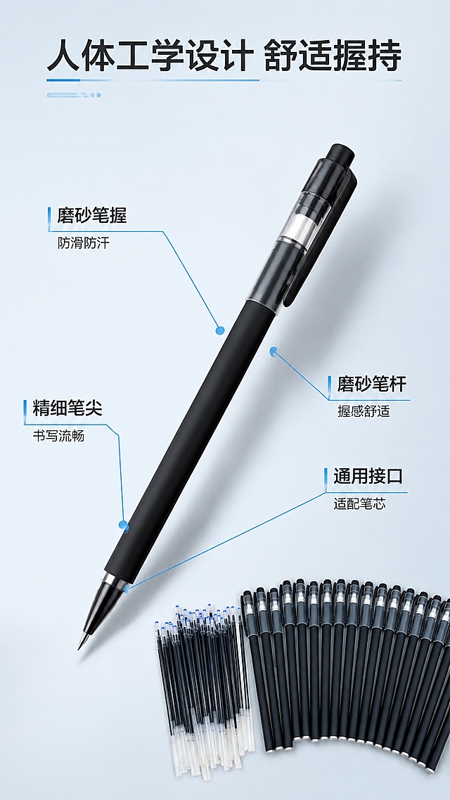 [第3屏] 结构解析-好来星中性笔核心设计。本屏使用【图1】【图2】展示中性笔整体，引线标注关键部位
[氛围/风格] 专业解析风格，清晰直白，突出细节设计，简约科技感
[元素布局] 中性笔斜放画面中央，占比约60%，用细引线分别标注：黑色磨砂笔握、精细钢珠笔尖、防滑笔杆、通用笔芯接口四个部位，每个标注带短说明；保持产品外形、颜色、材质与原图一致
[光影质感] 中心柔光照明，引线清晰不遮挡产品，每个标注区域清晰可见
[配色色系] 全局底色 #F0F4F8，主色黑色产品，辅助色浅青蓝色引线标注
[视角构图] 中心斜侧视角，主体突出，信息标注清晰，阅读动线从上到下看标注
[文字版式] 顶标题「人体工学设计 舒适握持」，四个标注分别说明：「磨砂笔握 防滑防汗」「精细笔尖 书写流畅」「磨砂笔杆 握感舒适」「通用接口 适配笔芯」，每个标注文字清晰，不遮挡产品主体
[比例分辨率] 9:16 竖版比例，4K分辨率，文字清晰可辨，高清画质
[负向提示词] 笔身变形，结构错误，颜色偏差，文字错乱，文字过小，水印，背景杂乱