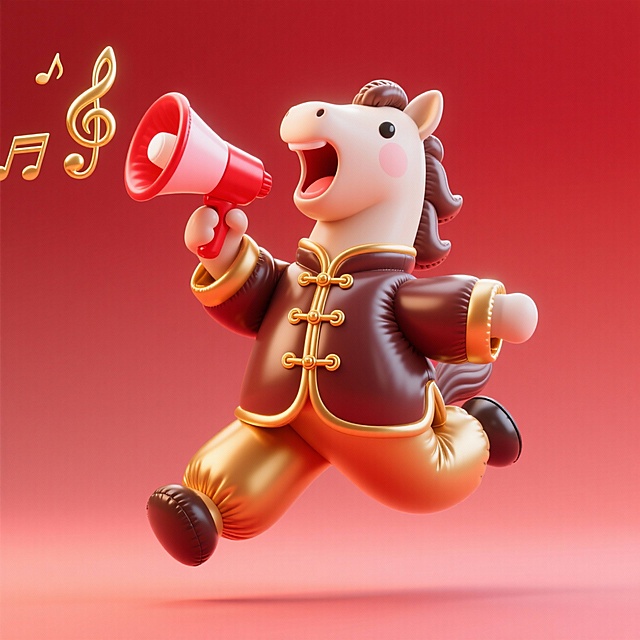 拟人小马身着金色唐装，金色盘扣点缀，小马跃起来，跃起时前蹄扬起，抬头手持红色小扩音器，张嘴喊，扩音口有金色音符，深浅红色渐变底。