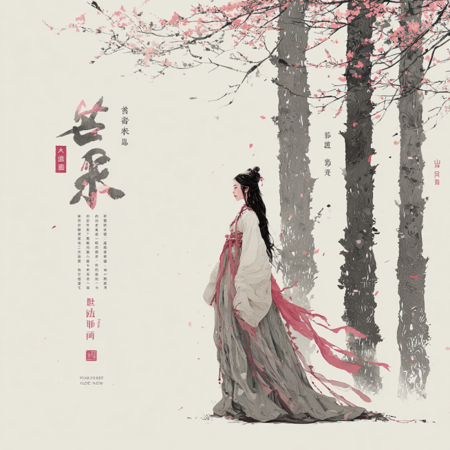 我需要一张ppt的背景图，主题是“纸语纱衣，著身若云”是关于桑麻纤维来做纸衣的内容，我的背景图需要体现出桑树与服饰两大元素，要包含一些艺术气息，古风特色，画面不要太素预览效果