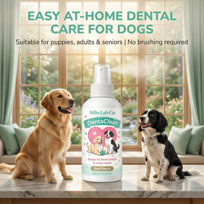 Redesign the poster based on the reference image, keep the dog dental spray product unchanged, and a预览效果