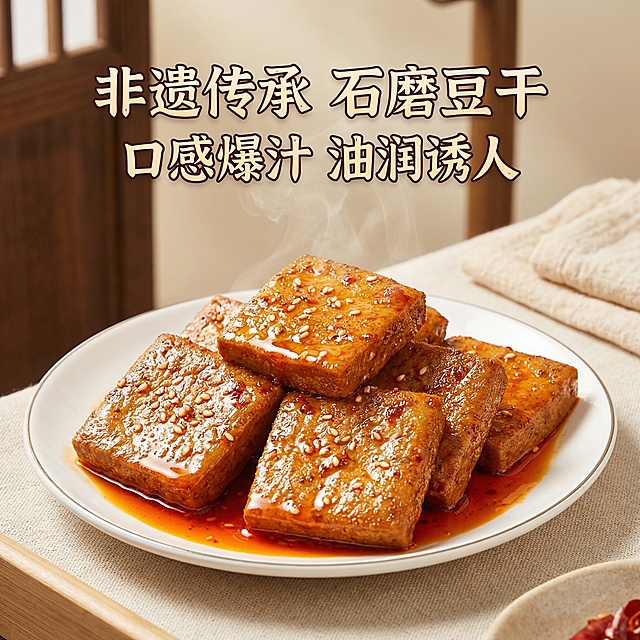 基于原图生成石磨豆干商品主图，卖点是非遗文化，口感爆汁，换干净室内背景，突出豆干爆汁油润的质感，适合抖音平台推广，1:1构图