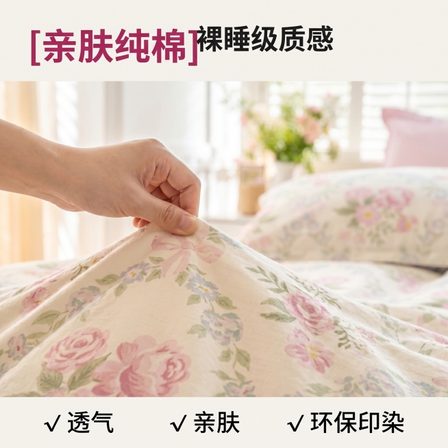 [主图 2] 纯棉四件套面料细节展示图。
[氛围风格] 温馨清新自然居家风，突出品质感；
[画质] 商业摄影质感、光线柔和通透、产品清晰真实、画面干净高级。
[元素] 聚焦展示四件套纯棉面料的局部纹理预览效果