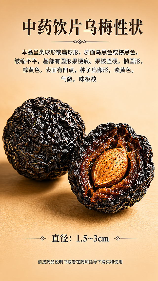 「图片1」放两颗乌梅，一颗完整的一颗打开露着果核的。并标注果子的直径1.5~3cm
