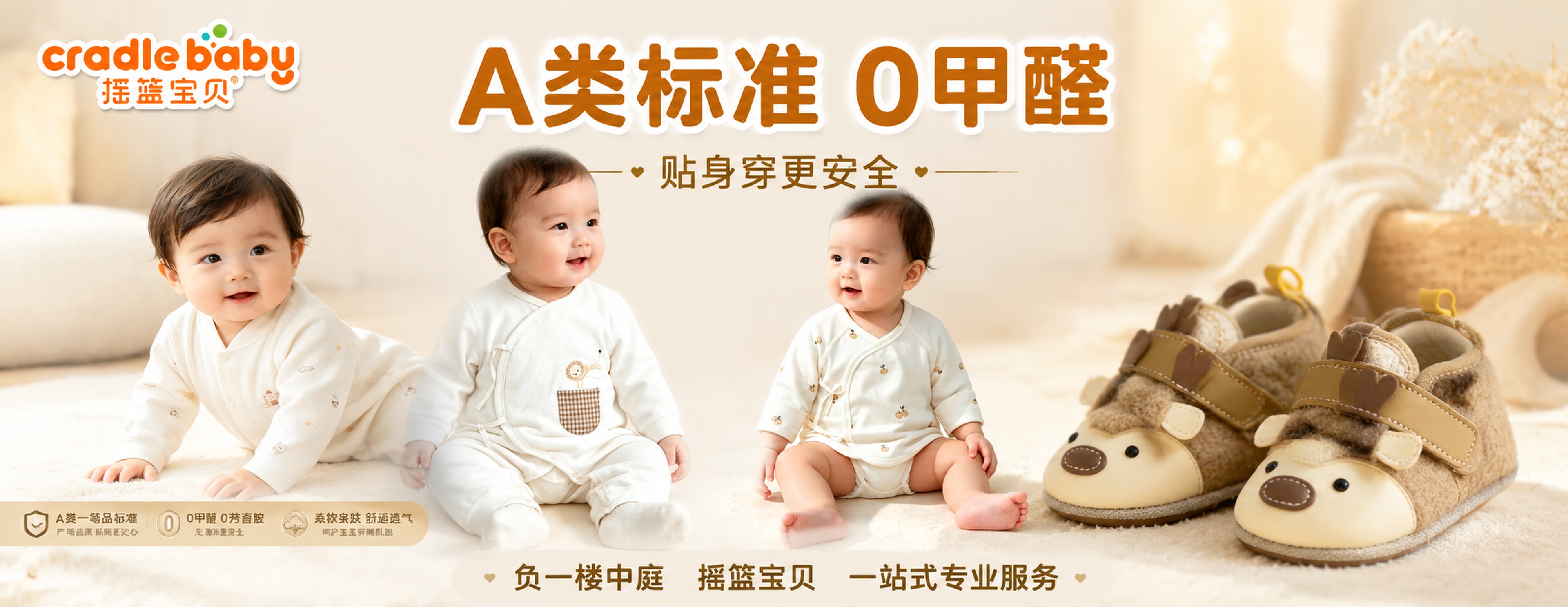 摇篮宝贝母婴品牌广告海报，超宽横版构图。画面融合四张图的元素：… - 图片创意预览