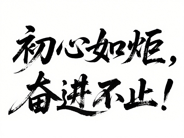 毛笔书法作品，书写“初心如炬，奋进不止！”8个汉字，风格为行书（笔画连贯、笔势舒展），墨色浓黑有飞白效果（笔画中露出纸张纹理的干枯笔触），纯白透明背景，排版是横向居中排列，字体大小均匀且笔画粗细有自然变化，细节：起笔收笔有毛笔顿挫感、部分笔画带轻微飞白肌理，整体气韵流畅洒脱，传统书法艺术质感