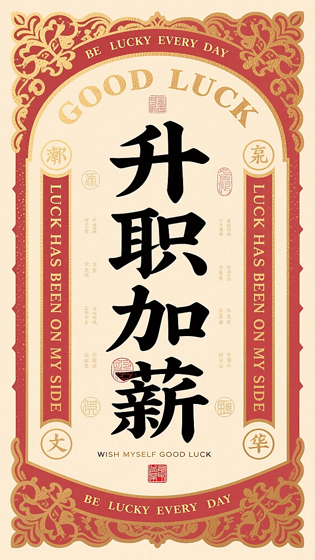 打工人好运符
国潮风融合复古印刷元素，鎏金边框与大字书法凸显喜庆中式感，传递升职加薪的吉祥祝福。