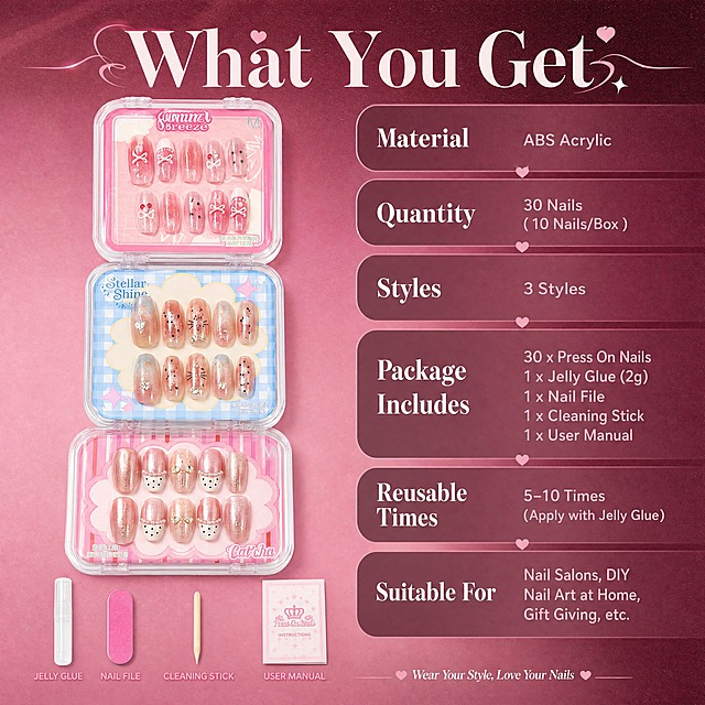 [商品] 使用精修后的穿戴美甲套装产品图；保留3款设计的透明包装盒、10片排列、颜色和装饰细节；商品处理：增强产品清晰度和包装盒通透度，保持正面标准照角度。
[画面] 第7张·产品信息·规格与套装内容，目标提供完整选购信息。左物右表型构图，左侧为3盒美甲套装整齐排列的产品标准照（占画面约45%），下方平铺展示套装配件（果冻胶、美甲锉、清洁棒、说明书）；右侧为竖排参数表，列出产品完整信息。背景为深粉色渐变+细腻颗粒质感，营造高级礼盒收尾氛围。
[视觉] 套系策略：风格=甜酷少女风复古杂志感高级商业摄影；标题字=优雅细衬线粗体（带爱心装饰细节）；正文字=简洁细衬线体；主色=柔粉色+深黑色+奶油白；背景延展=基于深粉色做深浅渐变、同色系层次和细腻颗粒纹理；强调色=浅粉色，仅用于表格分隔线和小面积图标；标题色=白色；正文色=浅粉色；组件=细线表格分隔、圆角参数行、爱心装饰；光影=顶视俯拍柔和均匀光，产品和配件清晰有层次。
[文字] 顶部居中主标题「What You Get」，白色粗衬线；右侧参数表包含：「Material」「Quantity」「Styles」「Package Includes」「Reusable Times」「Suitable For」等字段，每行字段名（白色粗衬线）+ 参数值（浅粉色细衬线）；主标题字号最大，字段名约为主标题35%，参数值约为主标题28%；所有文字横排左对齐。
[规格] 图片比例1:1方图，4K分辨率，英文文案；避免变形、错字、文字过小、参数信息混乱、产品比例失调、配件缺失、悬浮感。