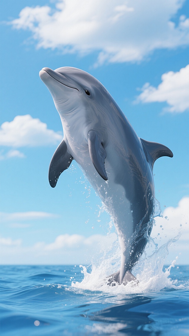 一只跃出蓝色海面的灰色海豚，身体呈优美弧线，头部微微上扬，嘴角带笑，胸鳍舒展，尾鳍有力摆动，周围溅起白色水花和蓝色水纹，背景是清澈的蓝天和几片白云，整体呈现超写实3D风格，光影明亮柔和，海水呈现深浅不同的蓝色渐变，质感细腻，营造出宁静欢快的氛围。