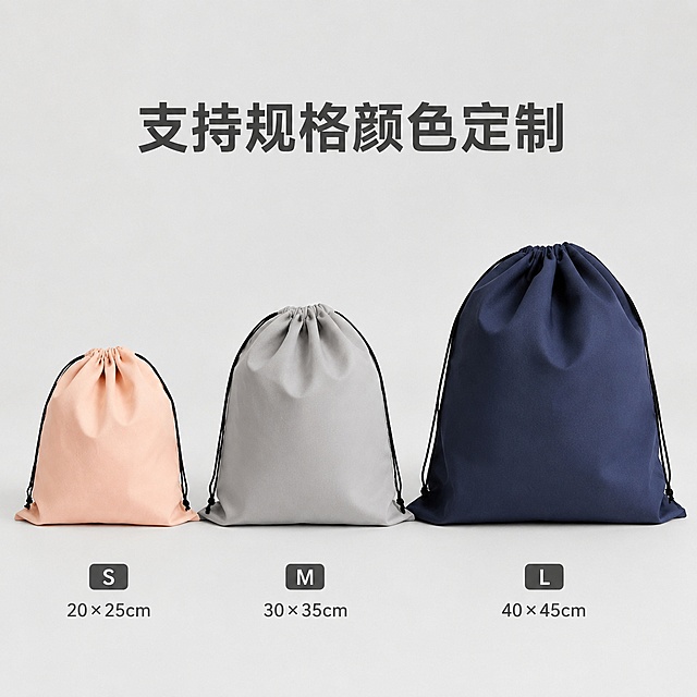 [主图-5] 展示多种规格颜色可选，促进转化决策，氛围风格清晰直观专业靠谱，商业摄影质感、光线柔和通透、产品清晰真实、画面干净高级，三款不同尺寸/颜色的锦桃绒束口袋并列整齐展示，分别标注尺寸信息，保留原有浅粉色，增加浅灰和墨蓝两款经典色展示，每个束口袋都保持产品工艺质感一致，整体排列整齐有序，背景简洁浅灰，均匀柔光，清晰展示不同颜色质感，色彩还原准确，浅粉、浅灰、墨蓝三色搭配浅灰背景，层次清晰，水平并列平视，三个产品大小对比清晰，构图稳定，顶部大字写"支持规格颜色定制"，深灰色粗体，每个产品下方标注对应尺寸，文字清晰可读，1:1 比例，文字清晰可辨，超高清商业摄影质感，负向提示词：变形，文字错乱，产品图模糊，背景杂乱，水印，电商平台Logo