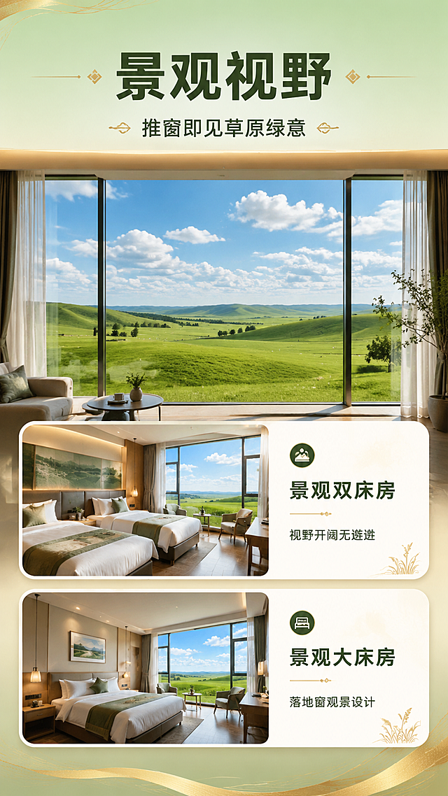 第6屏 景观视野 景观房型展示页。轻奢草原度假风。背景浅绿到暖金渐变，金色装饰线。顶部大标题「景观视野」森林绿粗黑体，字号与其他屏一致，居中，两侧金色菱形装饰+横线。副标题「推窗即见草原绿意」。上半部分大幅落地窗视角草原景观实拍图（窗外辽阔绿色草原，蓝天白云）。下半部分2个景观房型，每个配客房实拍图+文字：景观双床房（配双床房+窗景实拍）+视野开阔无遮挡；景观大床房（配大床房+落地窗实拍）+落地窗观景设计。白色圆角卡片。竖版1080×1920，4K。
